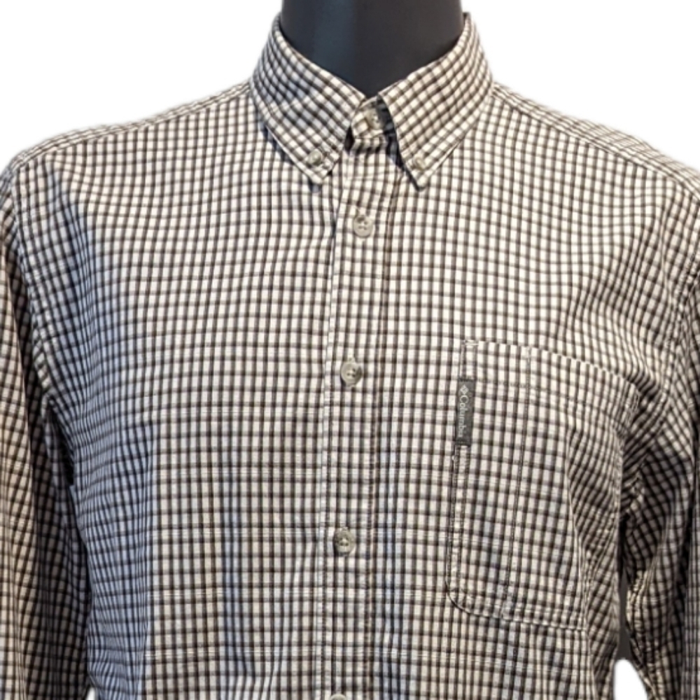 COLUMBIA brown plaid button down shirt large